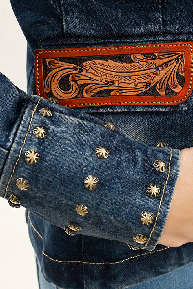 ADBZ046 Genuine leather Hand tooled Women 100% Cotton Denim Blazer dress jacket