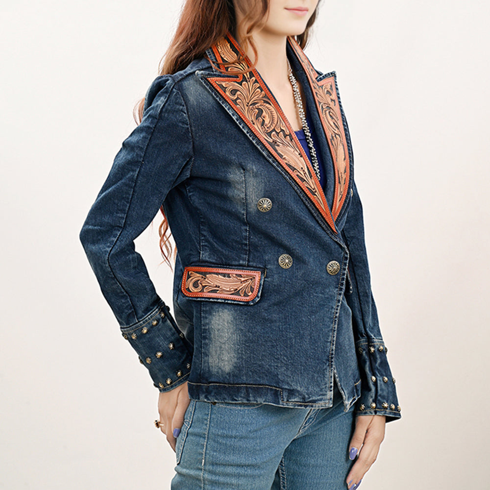 ADBZ046 Genuine leather Hand tooled Women 100% Cotton Denim Blazer dress jacket