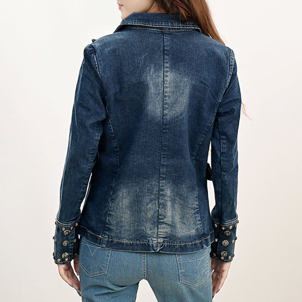 ADBZ046 Genuine leather Hand tooled Women 100% Cotton Denim Blazer dress jacket