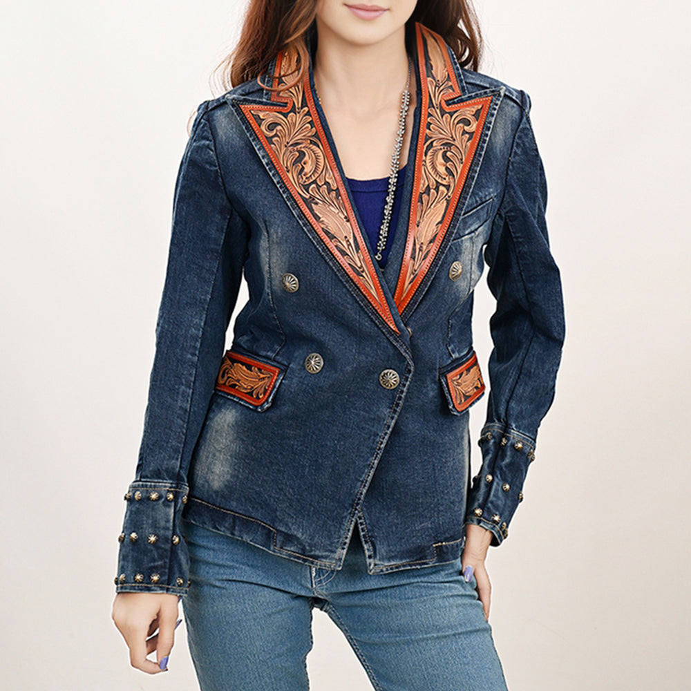 ADBZ046 Genuine leather Hand tooled Women 100% Cotton Denim Blazer dress jacket