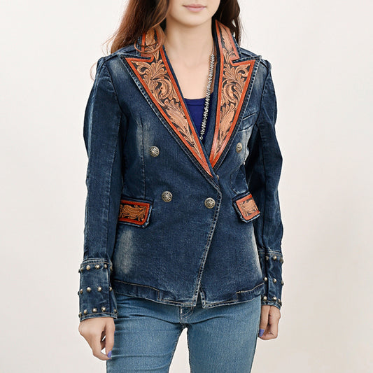 ADBZ046 Genuine leather Hand tooled Women 100% Cotton Denim Blazer dress jacket