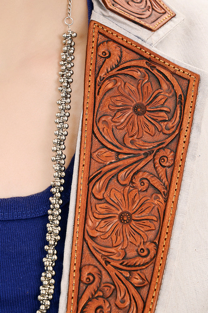 ADBZ047 Genuine leather Hand tooled Women 100% Cotton Denim Blazer dress jacket