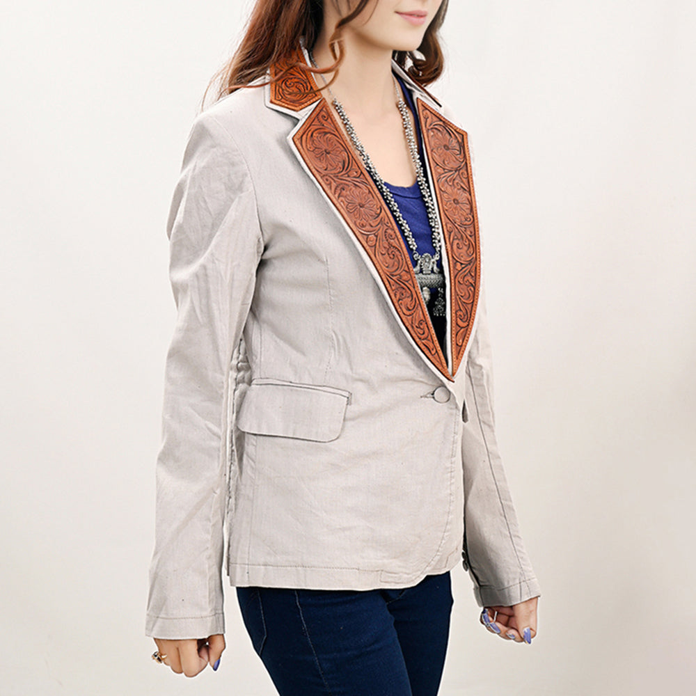 ADBZ047 Genuine leather Hand tooled Women 100% Cotton Denim Blazer dress jacket