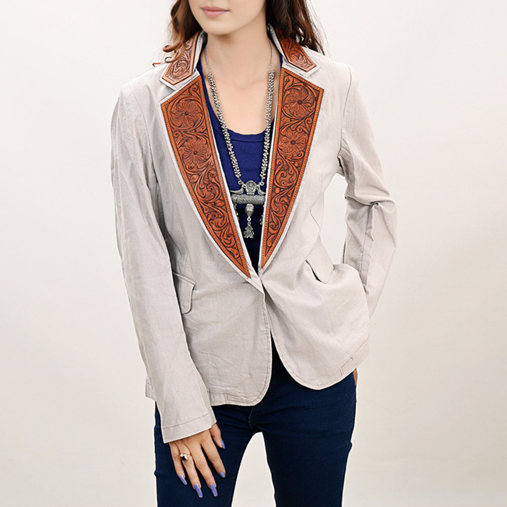 ADBZ047 Genuine leather Hand tooled Women 100% Cotton Denim Blazer dress jacket