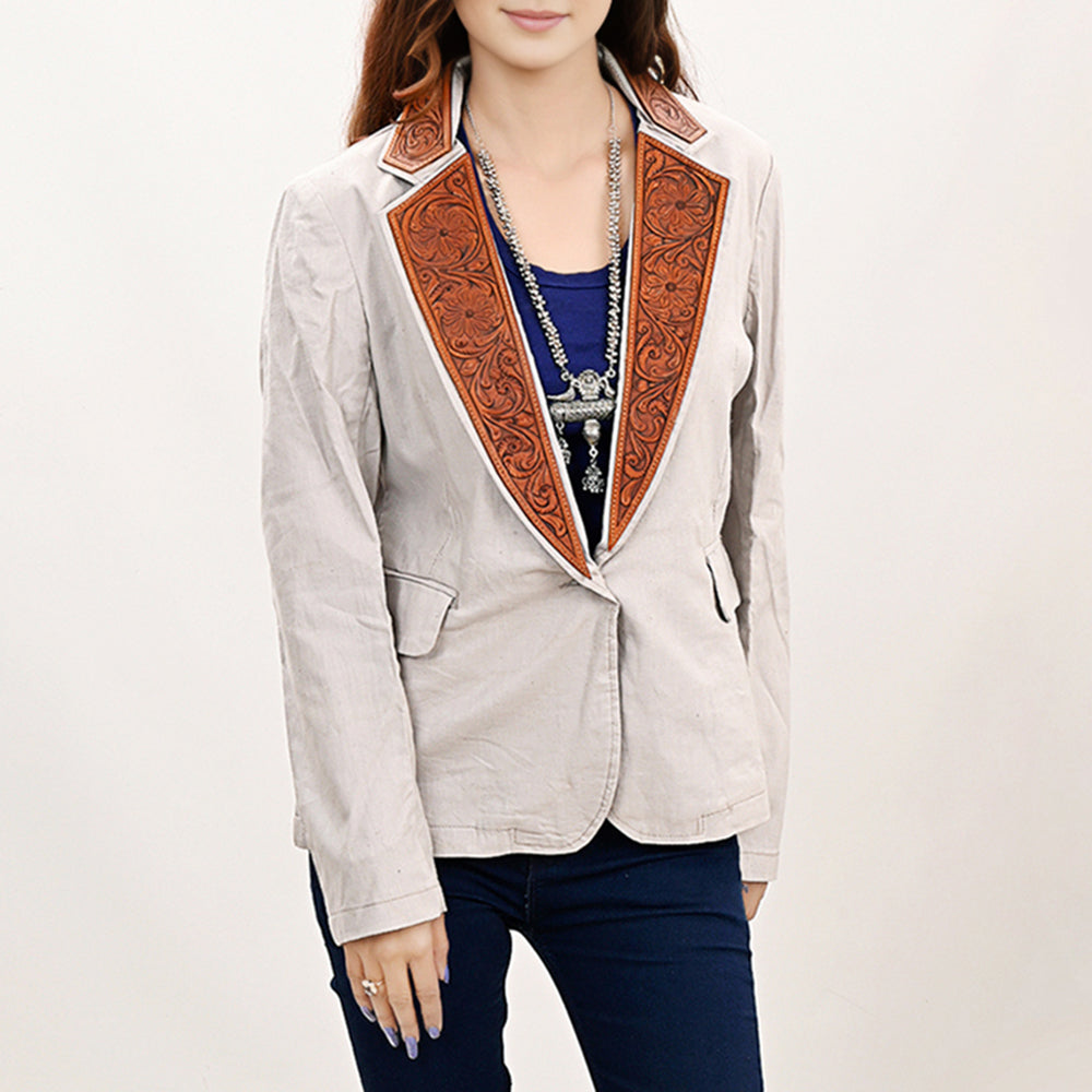 ADBZ047 Genuine leather Hand tooled Women 100% Cotton Denim Blazer dress jacket