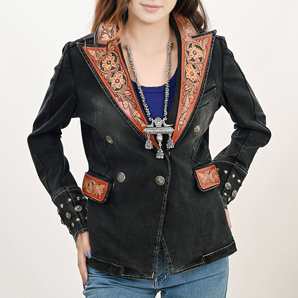 LC-ADBZ048 Black Double-Breasted Cowgirl Blazer with Hand-Tooled Leather Accents - Western Statement Jacket