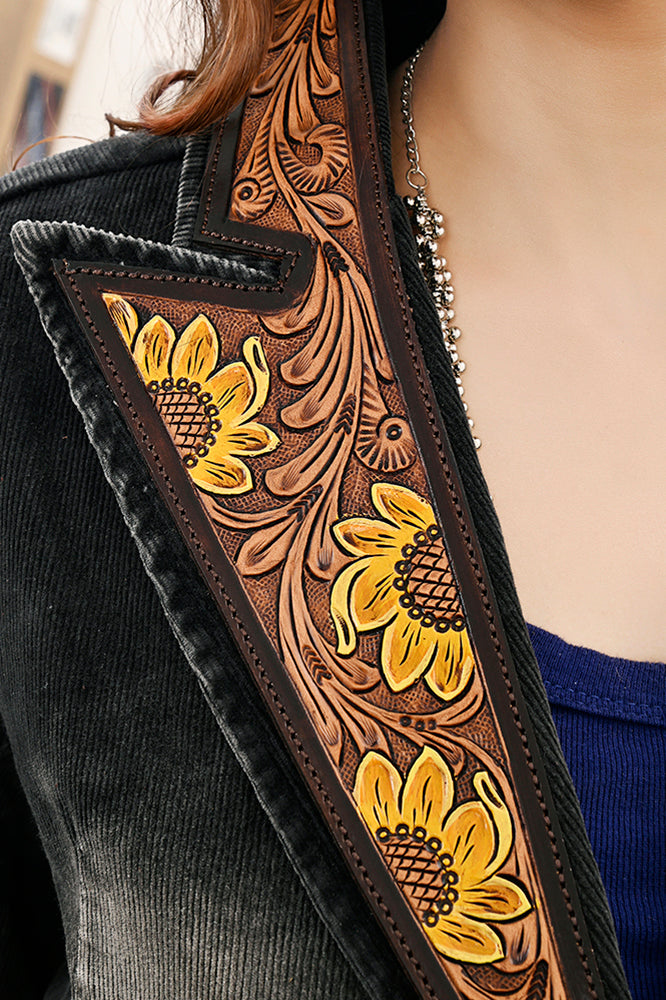 ADBZ049 Genuine leather Hand tooled Women 100% Cotton Denim Blazer dress jacket