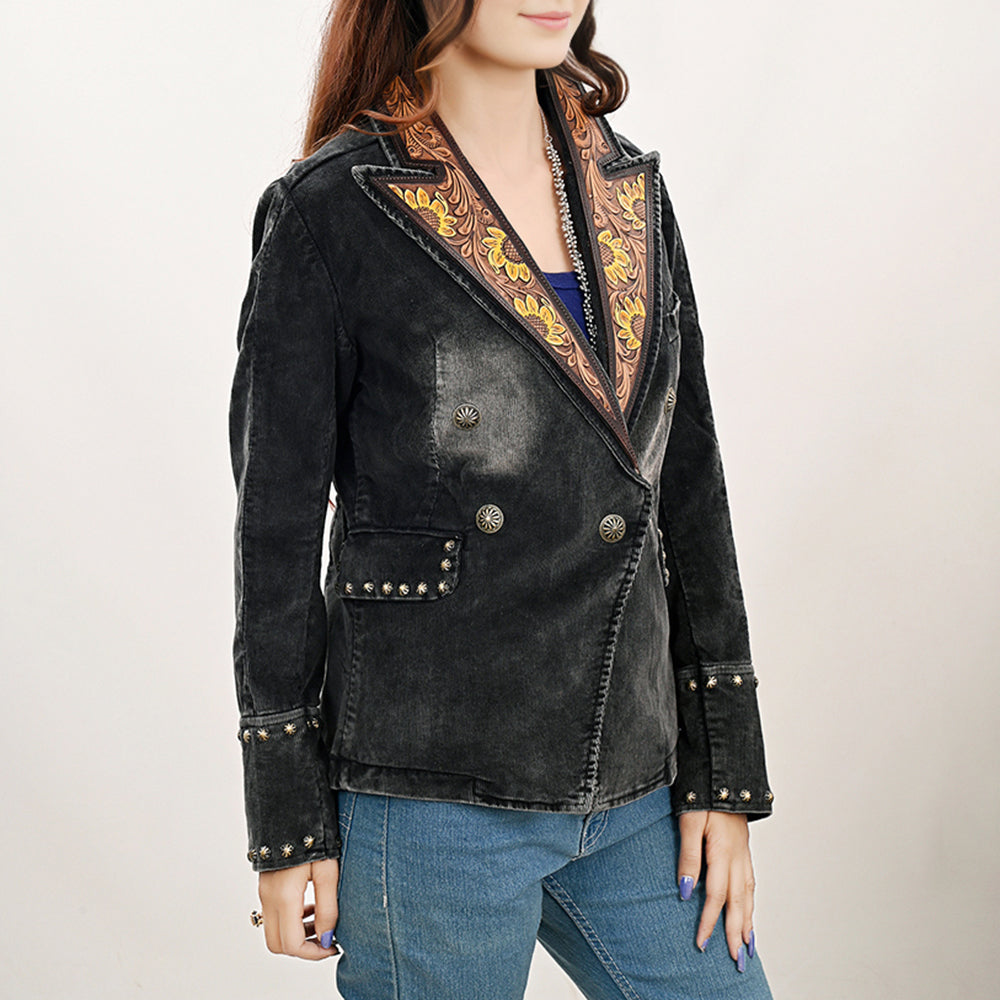 ADBZ049 Genuine leather Hand tooled Women 100% Cotton Denim Blazer dress jacket