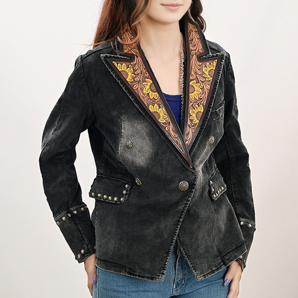 ADBZ049 Genuine leather Hand tooled Women 100% Cotton Denim Blazer dress jacket