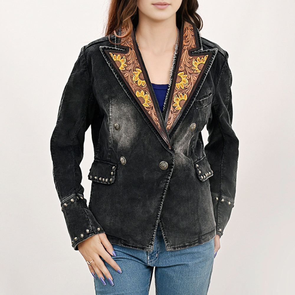 ADBZ049 Genuine leather Hand tooled Women 100% Cotton Denim Blazer dress jacket