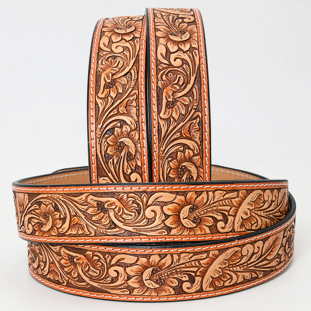 ADBLF220 Tan Hand-Tooled Leather Belt with Classic Floral Design & Silver Buckle