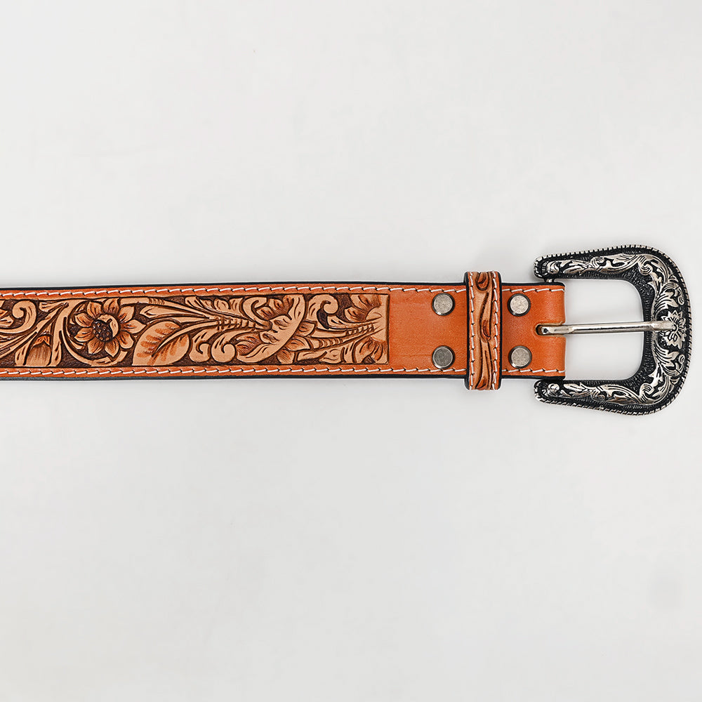 ADBLF220 Tan Hand-Tooled Leather Belt with Classic Floral Design & Silver Buckle