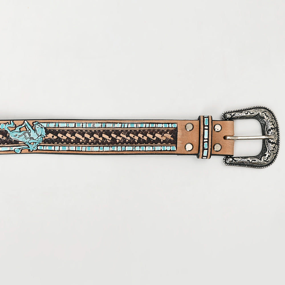 ADBLF221 Turquoise Rodeo Cowboy Hand-Tooled Leather Belt with Silver Buckle
