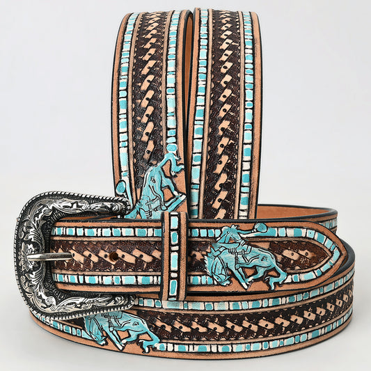 ADBLF221 Turquoise Rodeo Cowboy Hand-Tooled Leather Belt with Silver Buckle