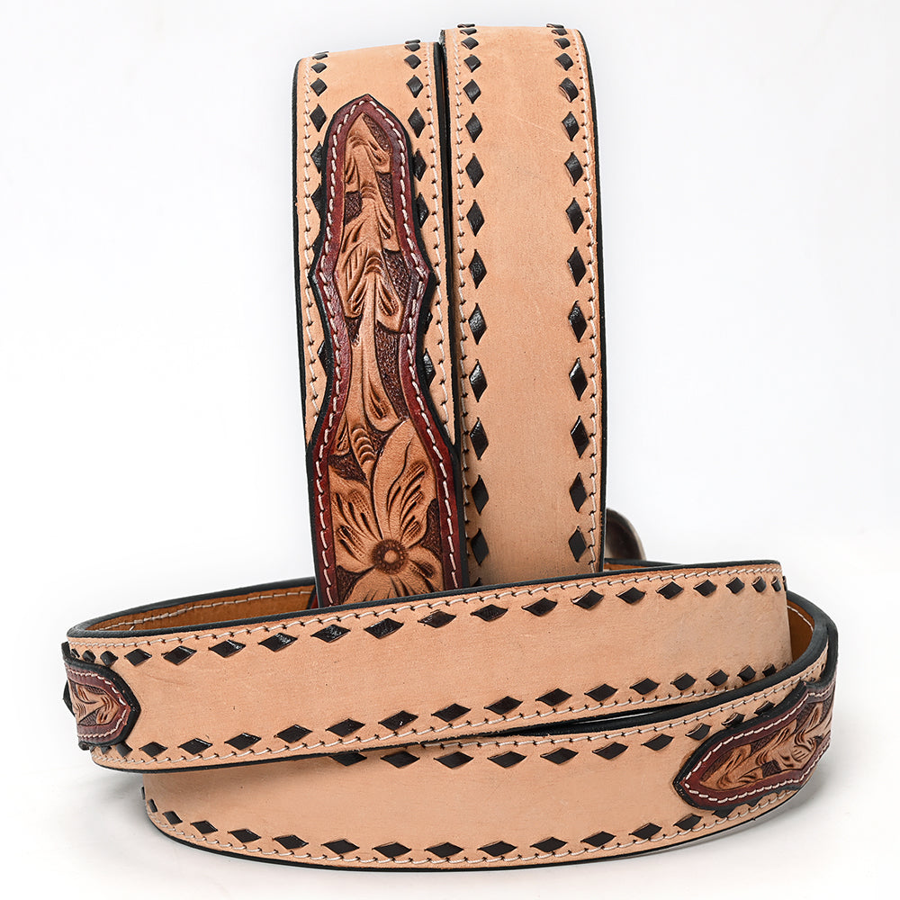ADBLF223 Natural Tooled Leather Western Belt with Diamond Cutouts and Silver Buckle