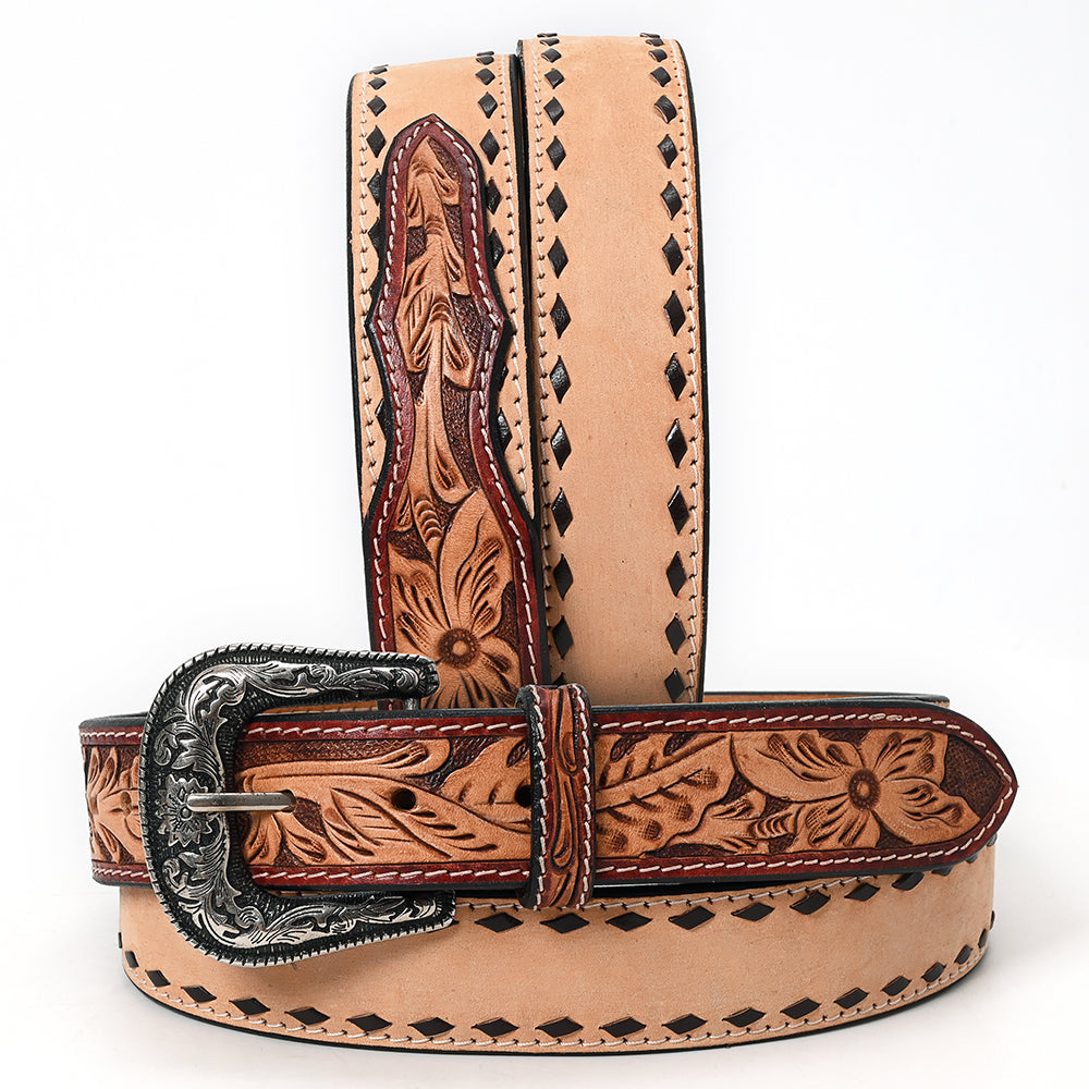 ADBLF223 Natural Tooled Leather Western Belt with Diamond Cutouts and Silver Buckle