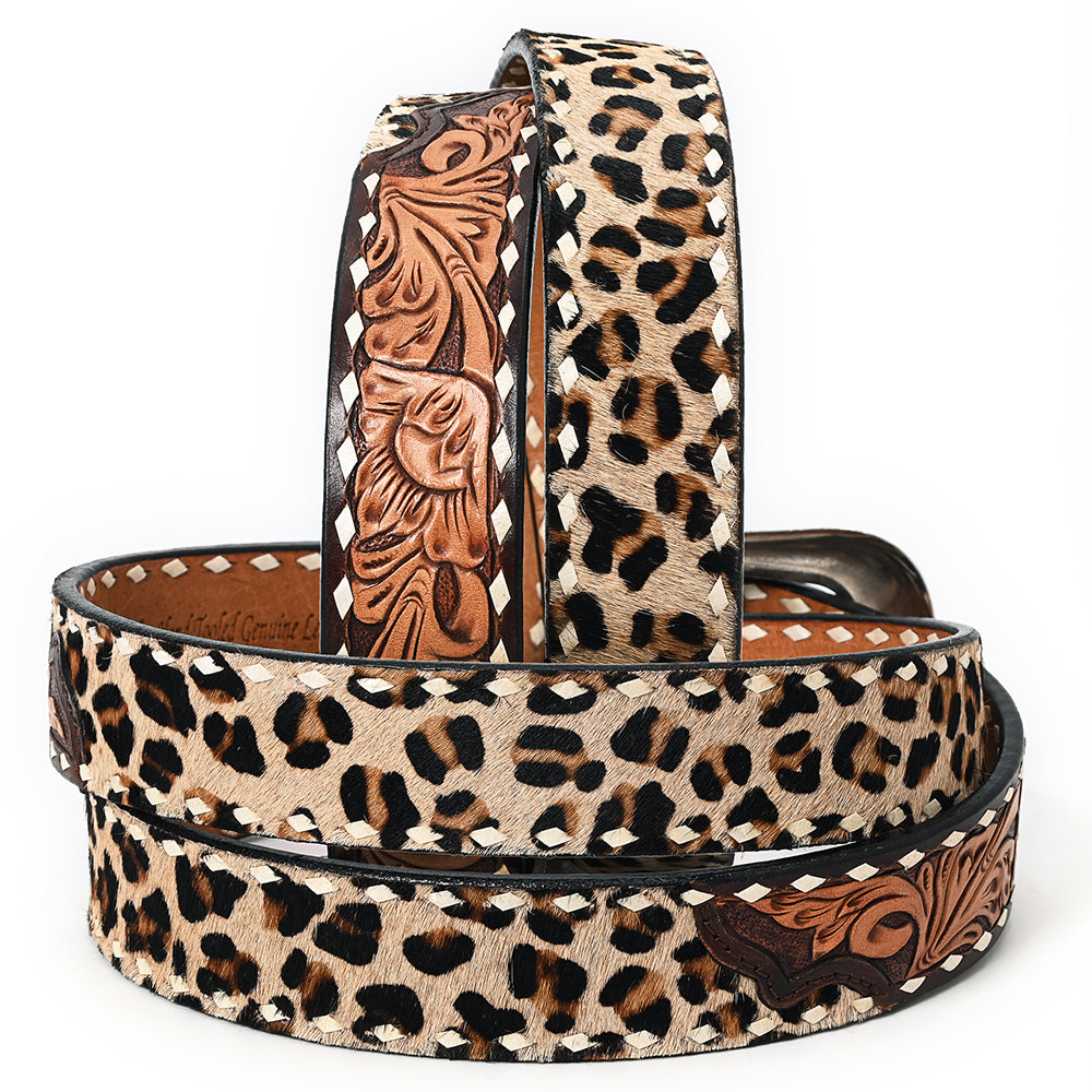 ADBLF227 Leopard Print Hair-On & Tooled Leather Western Belt with Engraved Buckle