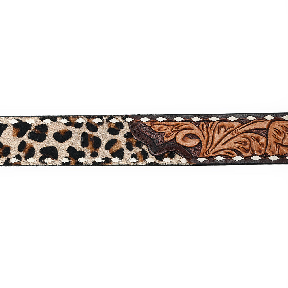 ADBLF227 Leopard Print Hair-On & Tooled Leather Western Belt with Engraved Buckle