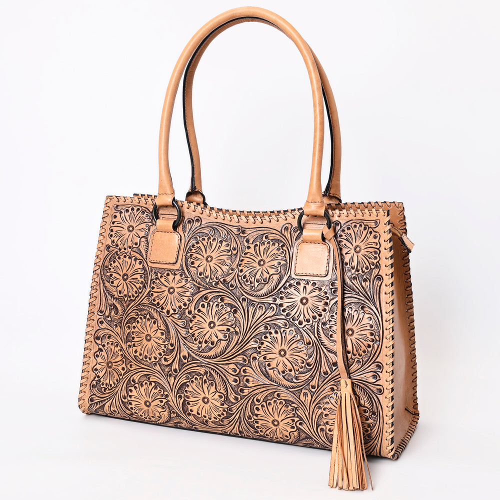 ADBGZ768 Natural Tooled Leather Tote Bag with Tassel - Western Floral Handbag