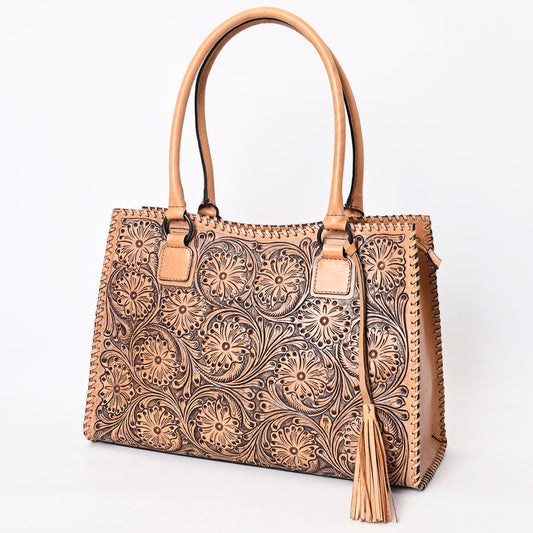 ADBGZ768 Natural Tooled Leather Tote Bag with Tassel - Western Floral Handbag