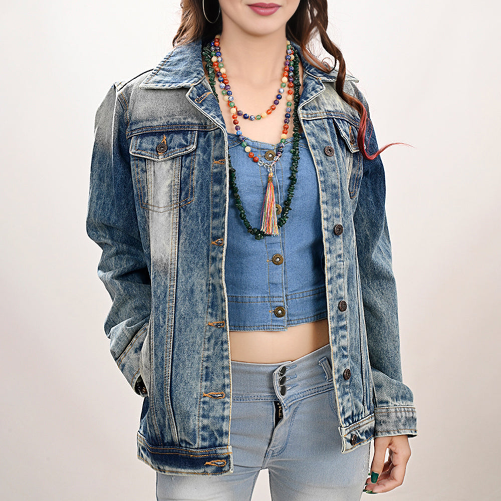 LC-ADJKT030 Women's Western Denim Jacket with Tooled Sunflower Yoke & Turquoise Feather Fringe Detail