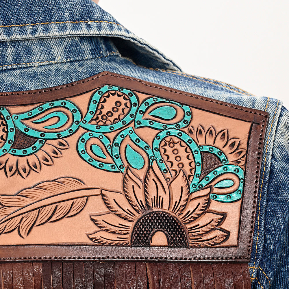 LC-ADJKT030 Women's Western Denim Jacket with Tooled Sunflower Yoke & Turquoise Feather Fringe Detail
