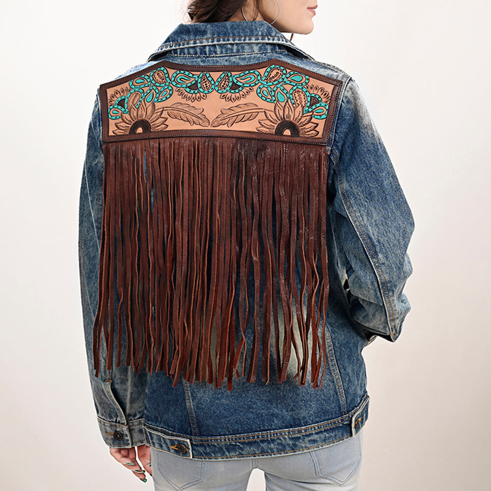 LC-ADJKT030 Women's Western Denim Jacket with Tooled Sunflower Yoke & Turquoise Feather Fringe Detail
