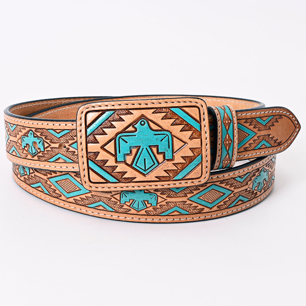 ADBLF173 Western Handtooled Leather Belt - Turquoise Thunderbird & Tribal Geometric Design