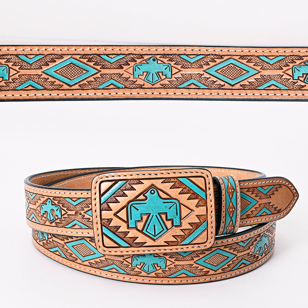ADBLF173 Western Handtooled Leather Belt - Turquoise Thunderbird & Tribal Geometric Design