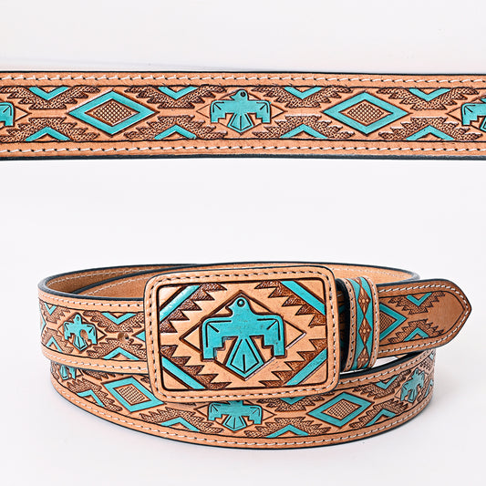 ADBLF173 Western Handtooled Leather Belt - Turquoise Thunderbird & Tribal Geometric Design