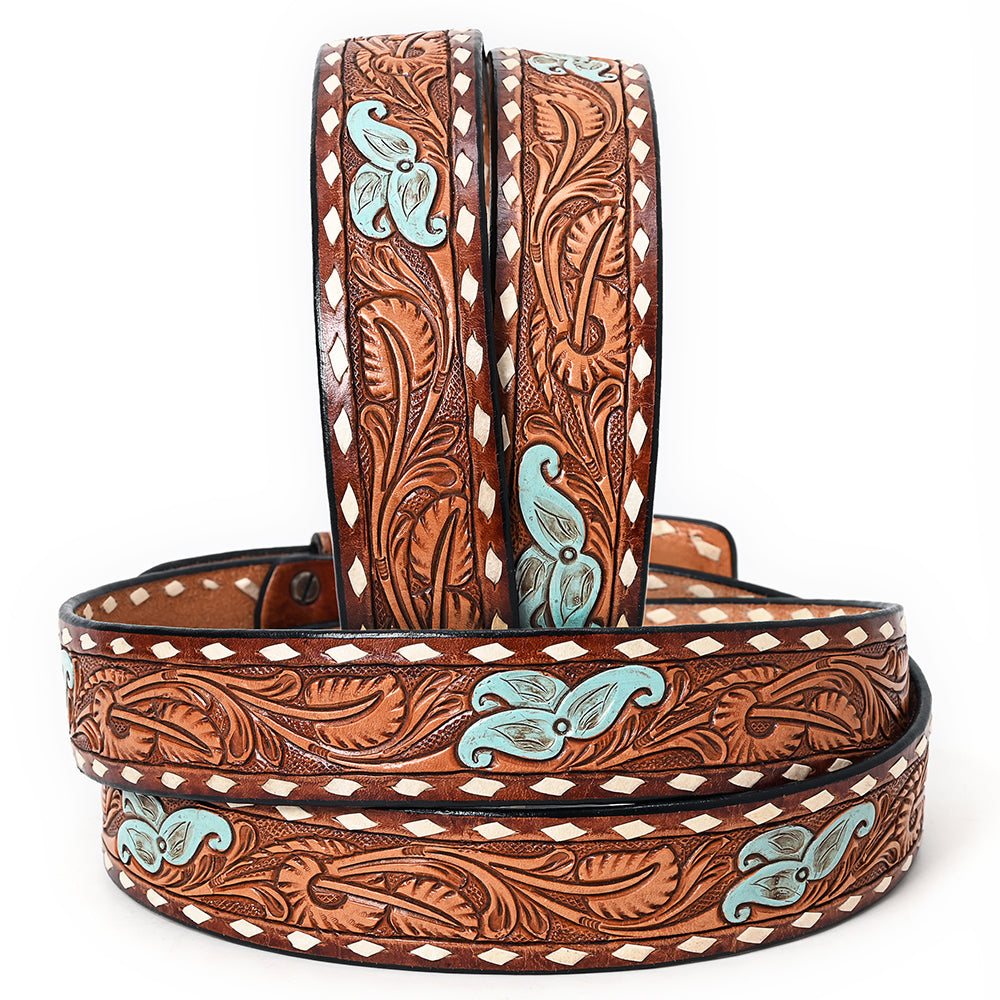 ADBLF177 Handtooled Western Leather Belt - Turquoise Accents & Floral Buckle