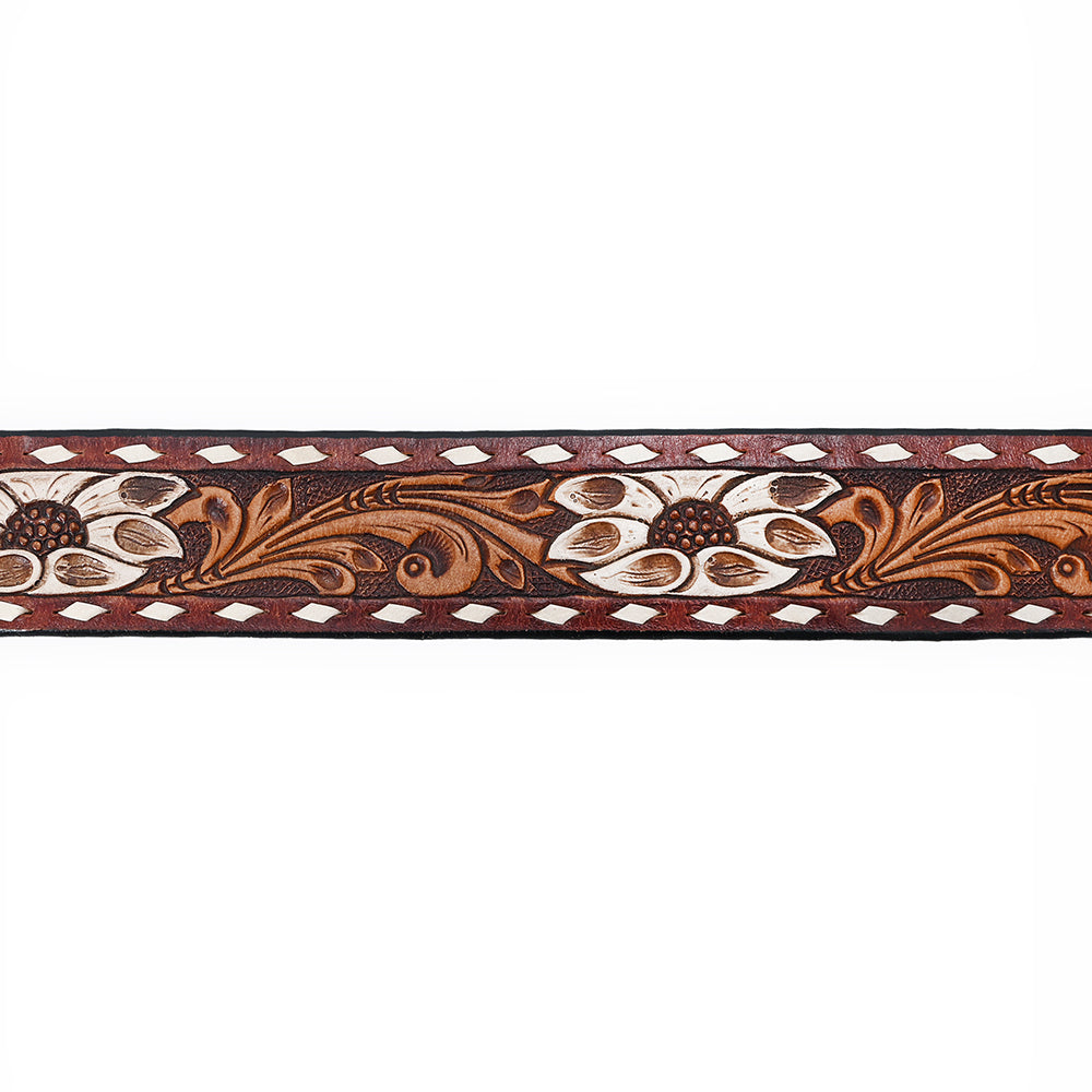 ADBLF178 Handtooled Western Leather Belt - White Floral Inlay with Scroll Pattern