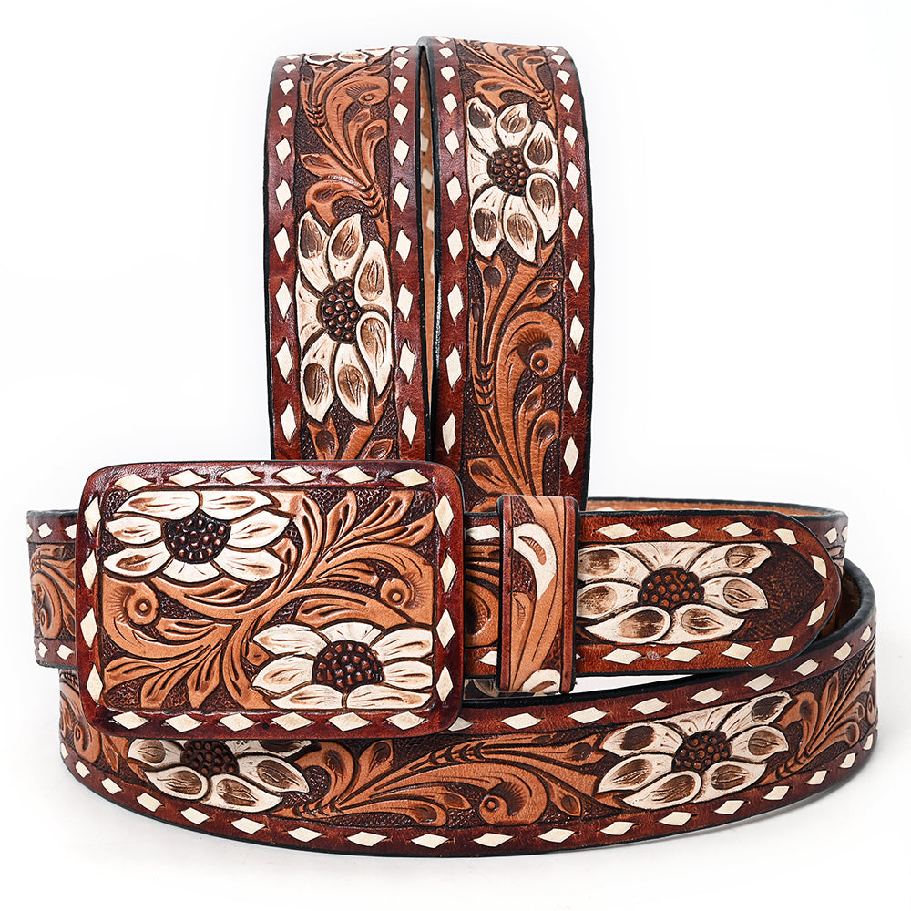 ADBLF178 Handtooled Western Leather Belt - White Floral Inlay with Scroll Pattern