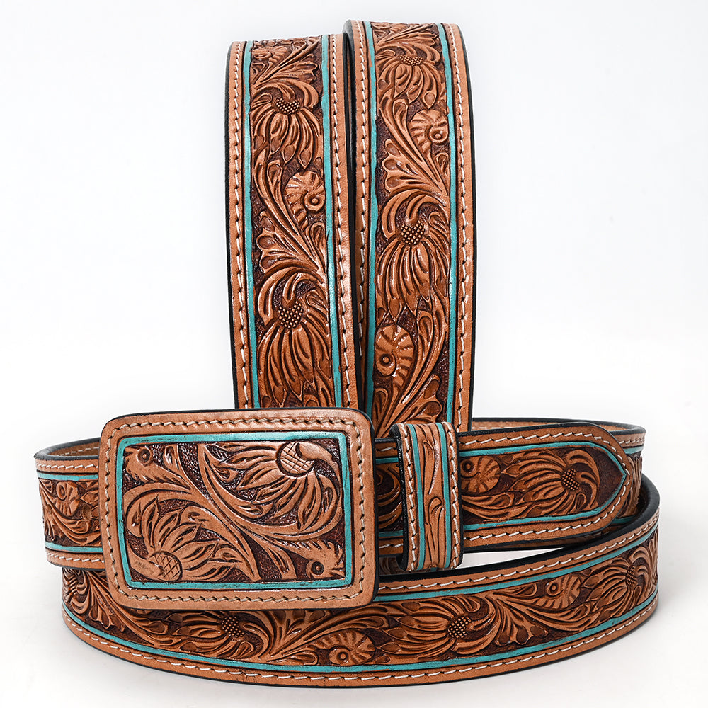 ADBLF179 Handtooled Western Leather Belt - Turquoise-Edge Floral Scroll with Matching Buckle
