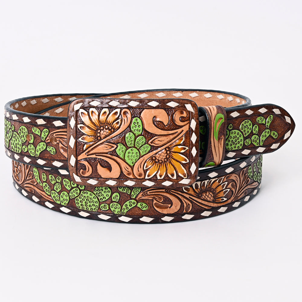 ADBLF180 Handtooled Western Leather Belt - Cactus Green Accents with Floral Carving and Buckle