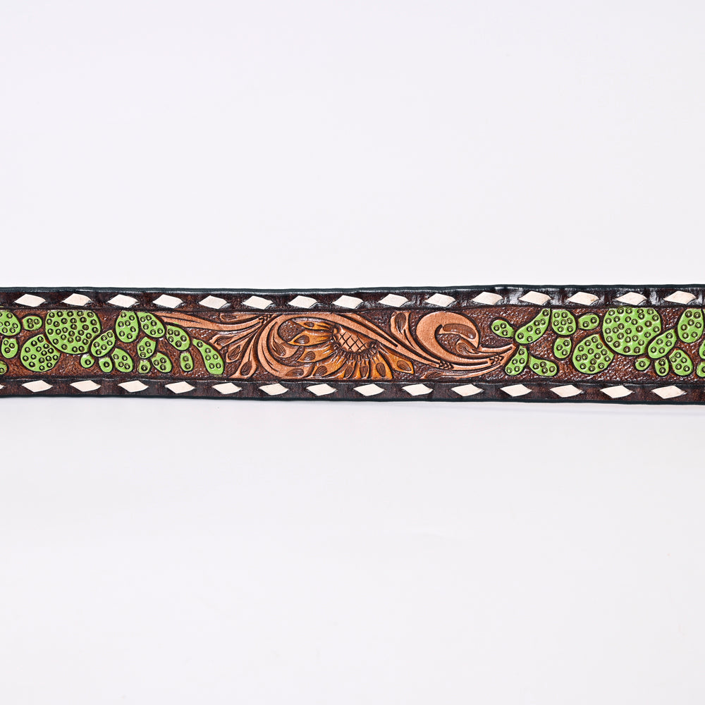 ADBLF180 Handtooled Western Leather Belt - Cactus Green Accents with Floral Carving and Buckle