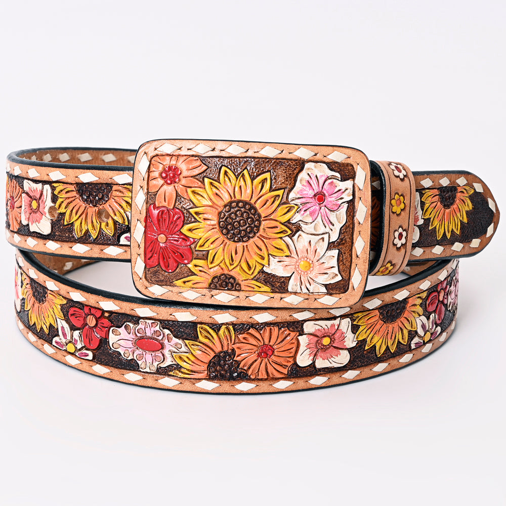 LC-ADBLF183 Colorful Handtooled Western Leather Belt - Wildflower Garden with Matching Buckle
