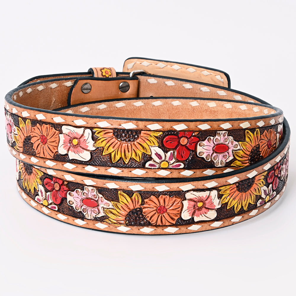 LC-ADBLF183 Colorful Handtooled Western Leather Belt - Wildflower Garden with Matching Buckle