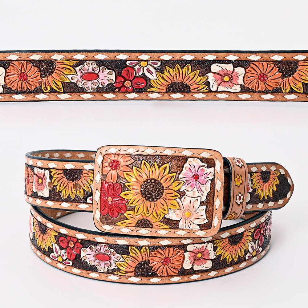 LC-ADBLF183 Colorful Handtooled Western Leather Belt - Wildflower Garden with Matching Buckle