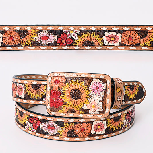 LC-ADBLF183 Colorful Handtooled Western Leather Belt - Wildflower Garden with Matching Buckle