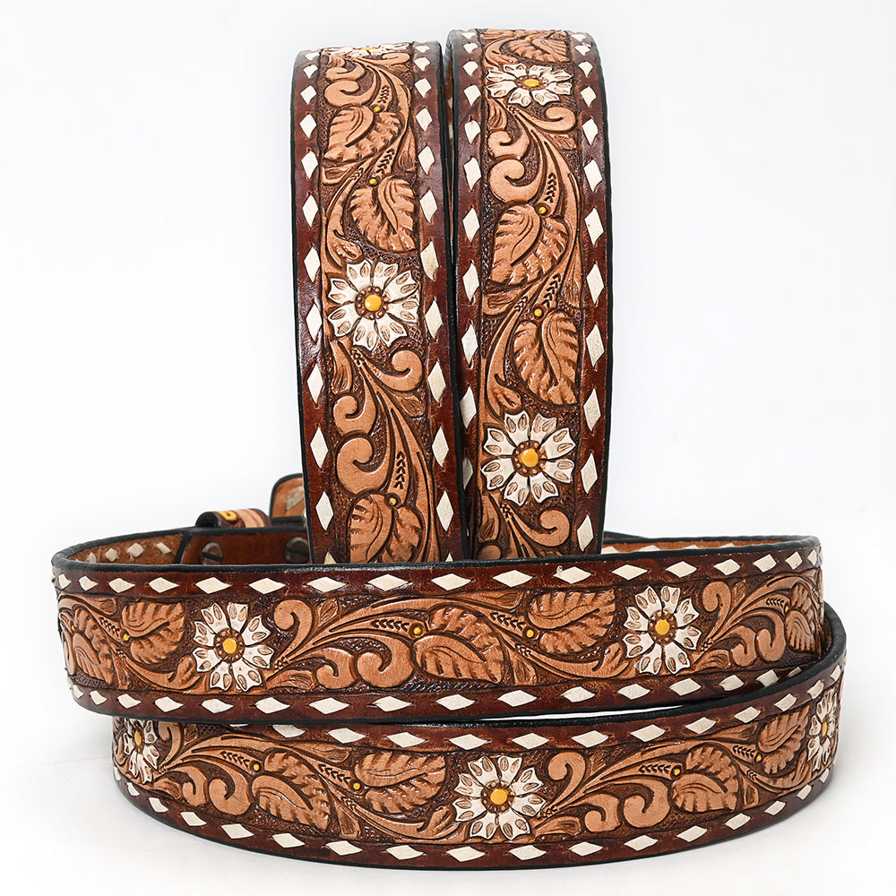 ADBLF184 Handtooled Western Leather Belt - White Daisy Floral Design with Matching Buckle