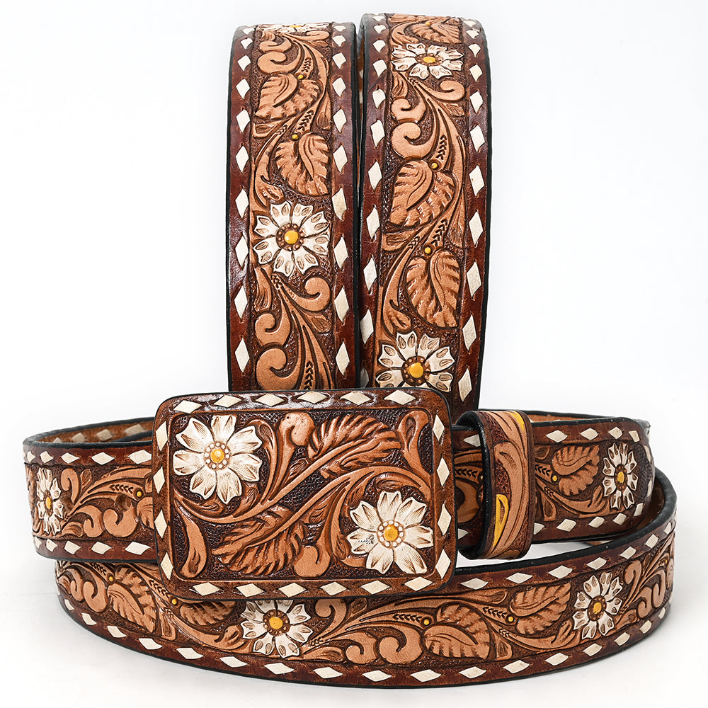 ADBLF184 Handtooled Western Leather Belt - White Daisy Floral Design with Matching Buckle
