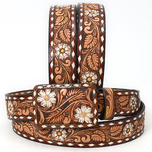 ADBLF184 Handtooled Western Leather Belt - White Daisy Floral Design with Matching Buckle