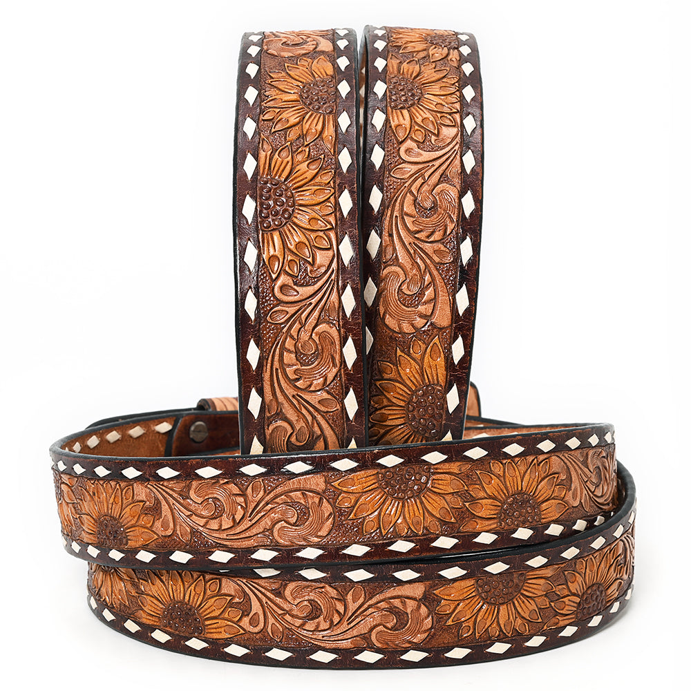ADBLF185 Handtooled Western Leather Belt - Sunflower Floral Design with Tooled Buckle