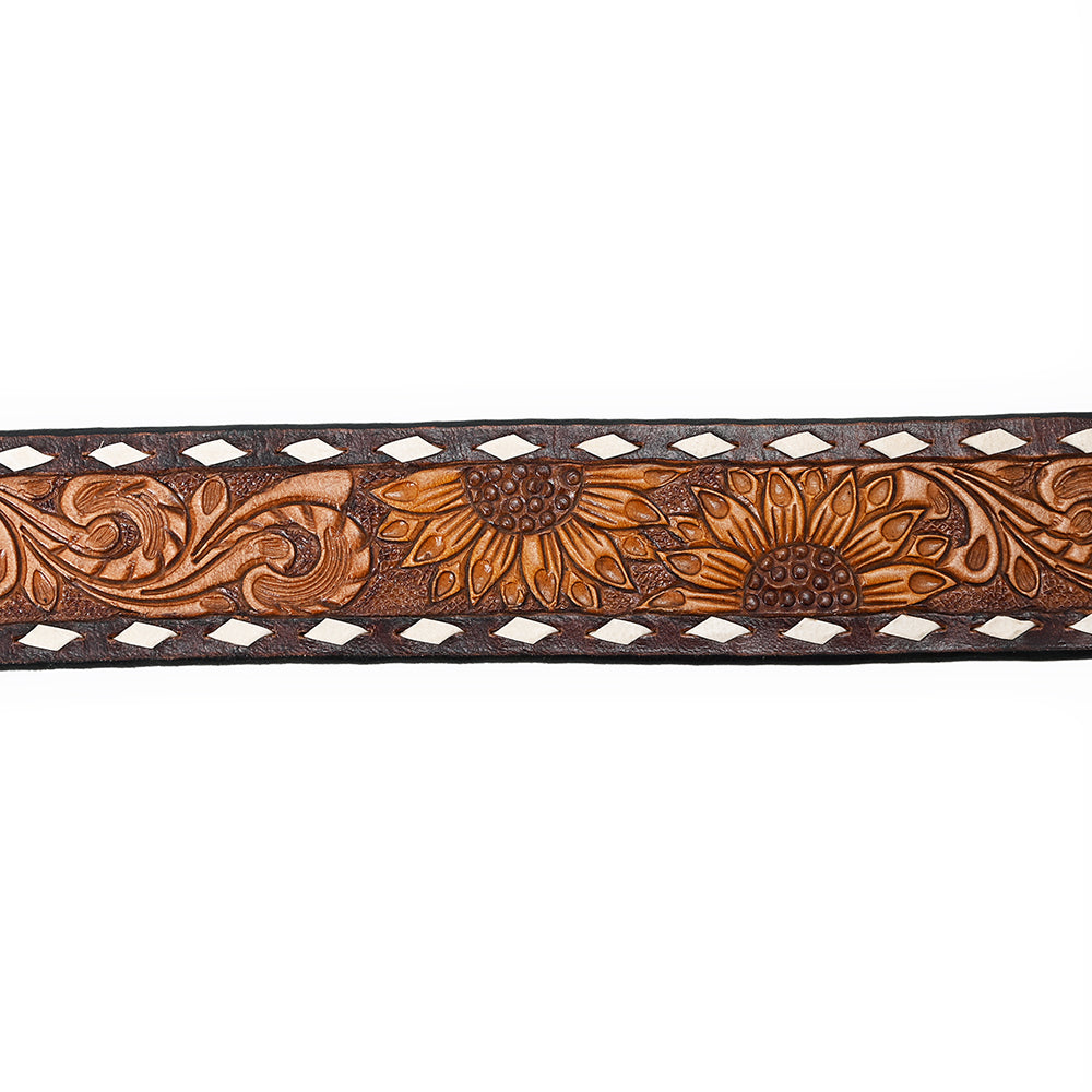 ADBLF185 Handtooled Western Leather Belt - Sunflower Floral Design with Tooled Buckle