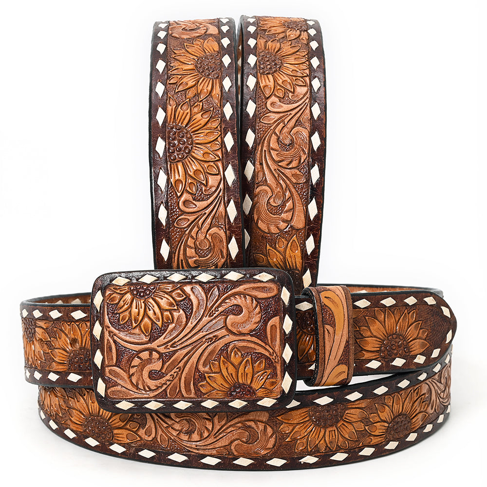 ADBLF185 Handtooled Western Leather Belt - Sunflower Floral Design with Tooled Buckle