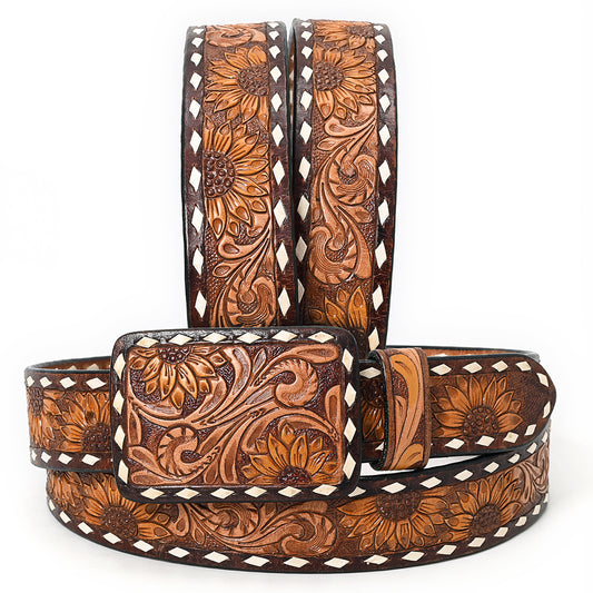 ADBLF185 Handtooled Western Leather Belt - Sunflower Floral Design with Tooled Buckle