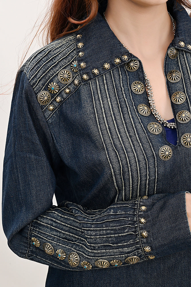 ADDR001 American Darling Western Denim Tunic Top Studded Pleated Shirt