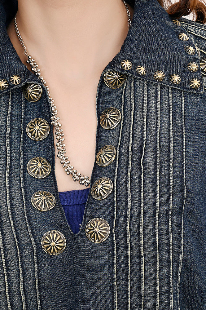 ADDR001 Women's Denim Embroidered Ethnic Tunic Top with Antique Metal Accents