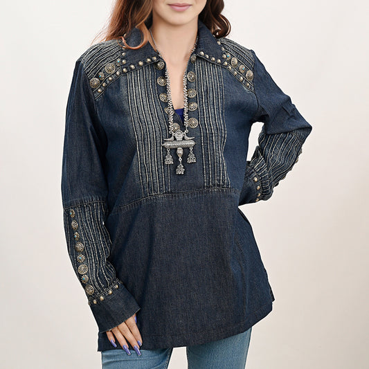 ADDR001 Women's Denim Embroidered Ethnic Tunic Top with Antique Metal Accents